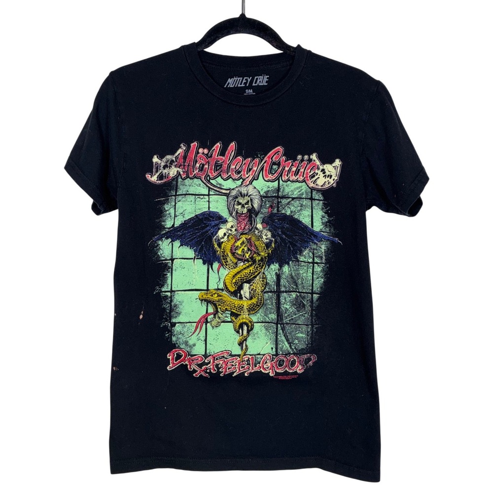 Motley Crue Dr Feelgood Graphic T-Shirt Black SM Band Tee Snake Skull FLAWS